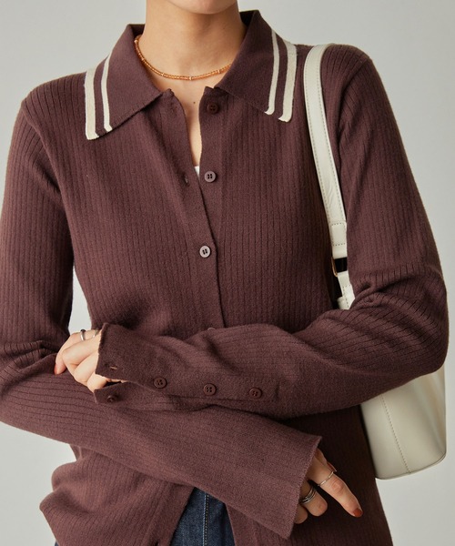 ＜マシンウォッシャブル/アンチピリング＞配色ライン ソフトリブニット ポロカーディガン