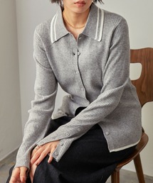 ＜マシンウォッシャブル/アンチピリング＞配色ライン ソフトリブニット ポロカーディガングレー