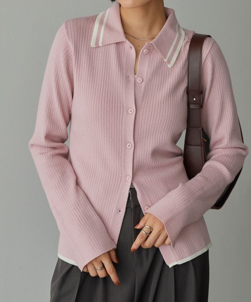 ＜マシンウォッシャブル/アンチピリング＞配色ライン ソフトリブニット ポロカーディガン