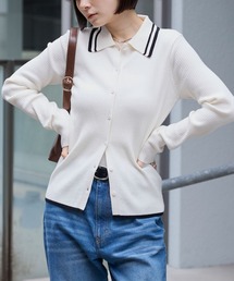 ＜マシンウォッシャブル/アンチピリング＞配色ライン ソフトリブニット ポロカーディガンアイボリー