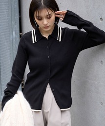 ＜マシンウォッシャブル/アンチピリング＞配色ライン ソフトリブニット ポロカーディガンブラック