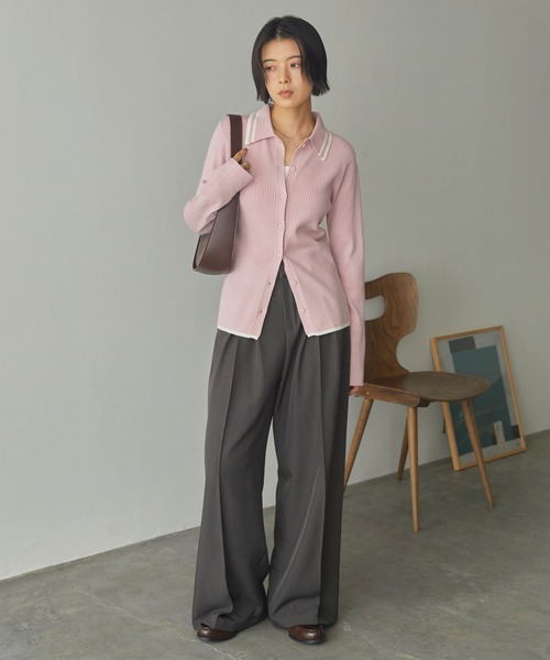 マシンウォッシャブル/アンチピリング＞配色ライン ソフトリブニット