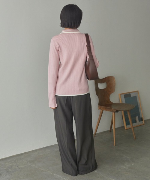 マシンウォッシャブル/アンチピリング＞配色ライン ソフトリブニット