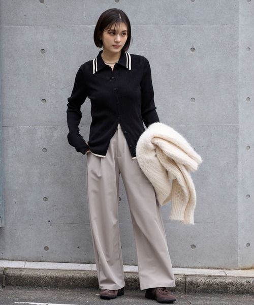 マシンウォッシャブル/アンチピリング＞配色ライン ソフトリブニット