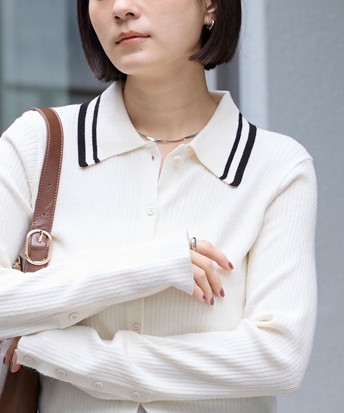 マシンウォッシャブル/アンチピリング＞配色ライン ソフトリブニット