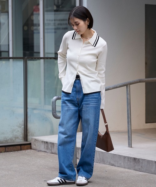 マシンウォッシャブル/アンチピリング＞配色ライン ソフトリブニット