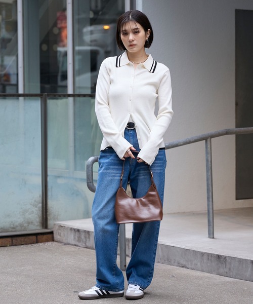 マシンウォッシャブル/アンチピリング＞配色ライン ソフトリブニット