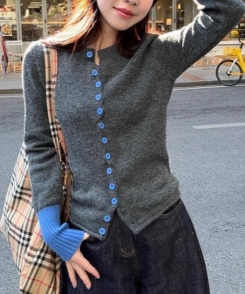 袖配色切り替えクルーネックニットカーデ（カーディガン/ボレロ