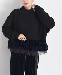 PUTUMAYO 黒のフリル付き 長袖ベロアトップス PUTUMAYO 黒のフリル付き 長袖ベロアトップス