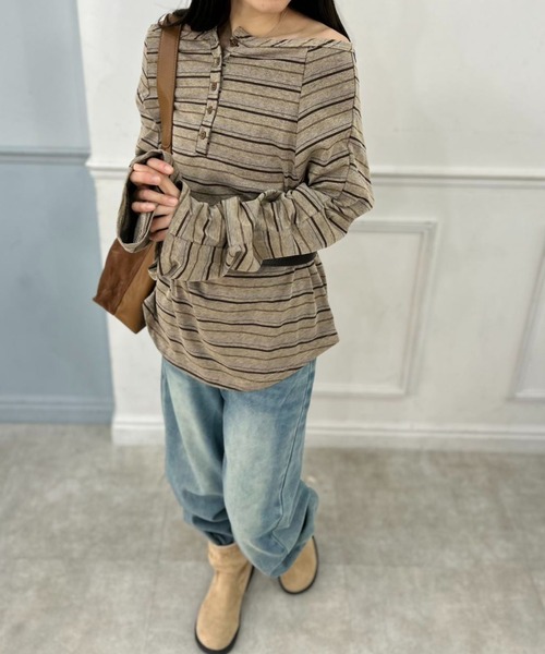 mebole(メボレ)の「Loose Silhouette Border Tee(Tシャツ/カットソー・レディース・ベージュ/グレー・FREE)」の12枚目の写真