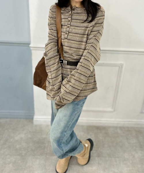 mebole(メボレ)の「Loose Silhouette Border Tee(Tシャツ/カットソー・レディース・ベージュ/グレー・FREE)」の11枚目の写真