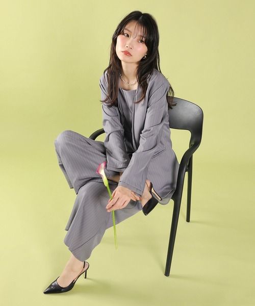 Kana(カナ)の「フロントシアージャケット ワイドパンツ オールインワン セットアップ パーティー ドレス 結婚式 お呼ばれ オケージョン(パンツドレス・レディース・ブラック/グレー/チャコールグレー・M)」の4枚目の写真