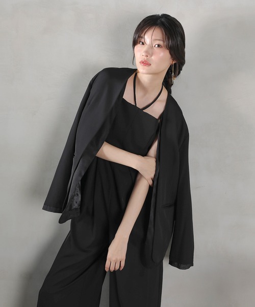 Kana(カナ)の「フロントシアージャケット ワイドパンツ オールインワン セットアップ パーティー ドレス 結婚式 お呼ばれ オケージョン(パンツドレス・レディース・ブラック/グレー/チャコールグレー・M)」の16枚目の写真
