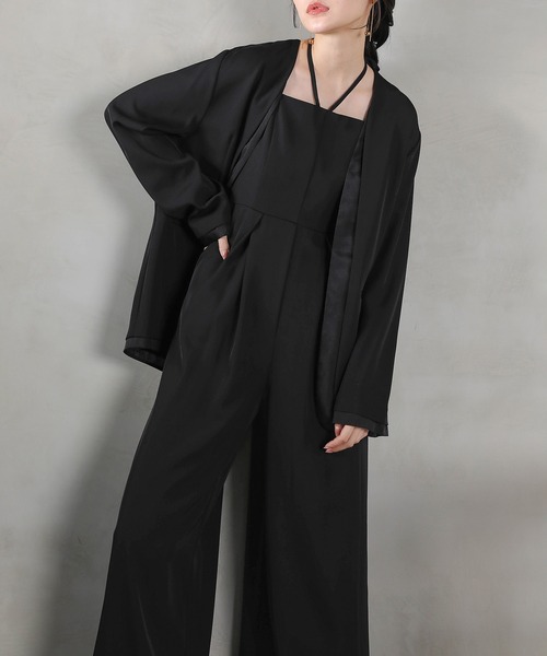 Kana(カナ)の「フロントシアージャケット ワイドパンツ オールインワン セットアップ パーティー ドレス 結婚式 お呼ばれ オケージョン(パンツドレス・レディース・ブラック/グレー/チャコールグレー・M)」の15枚目の写真