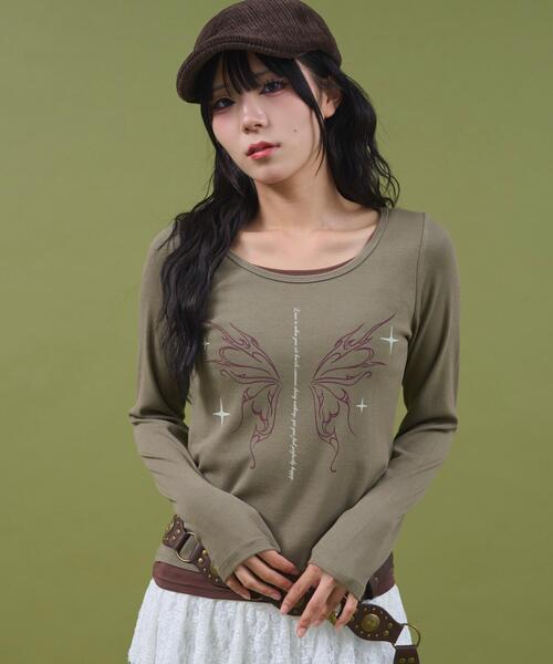 dispark（ディスパーク）の「DISPARK/【25年秋冬新作】レイヤードグラフィックTOP（Tシャツ/カットソー・レディース・カーキ/ベージュ・FREE）」の10枚目の写真