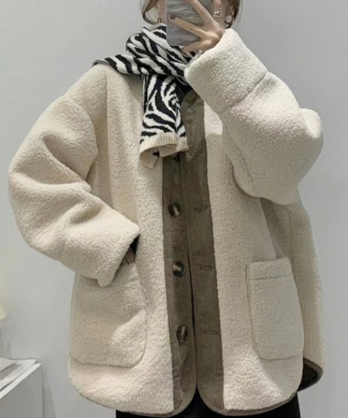 Teem Store(チームストア)の「【再入荷】【オーバーサイズ】【ボア切り替え配色】カラーレスボアノーカラージャケット(ノーカラージャケット・レディース・アイボリー・F)」の8枚目の写真