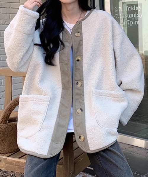 Teem Store(チームストア)の「【再入荷】【オーバーサイズ】【ボア切り替え配色】カラーレスボアノーカラージャケット(ノーカラージャケット・レディース・アイボリー・F)」の13枚目の写真