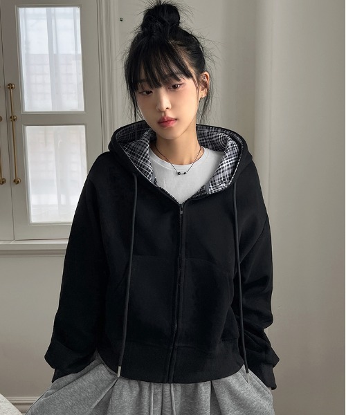 gossip!ロサンゼルス(ゴシップロサンゼルス)の「Y2K レトロ チェックパーカー /韓国っぽゆるシルエット 【5色展開】(パーカー・レディース・ネイビー/ブラック/グレー/ホワイト/ダークグレー・M)」の7枚目の写真