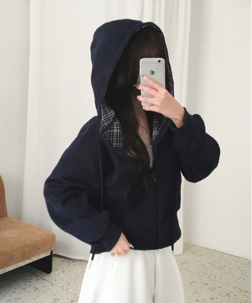 gossip!ロサンゼルス(ゴシップロサンゼルス)の「Y2K レトロ チェックパーカー /韓国っぽゆるシルエット 【5色展開】(パーカー・レディース・ネイビー/ブラック/グレー/ホワイト/ダークグレー・M)」の16枚目の写真