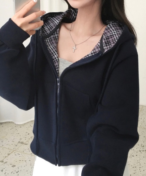gossip!ロサンゼルス(ゴシップロサンゼルス)の「Y2K レトロ チェックパーカー /韓国っぽゆるシルエット 【5色展開】(パーカー・レディース・ネイビー/ブラック/グレー/ホワイト/ダークグレー・M)」の17枚目の写真