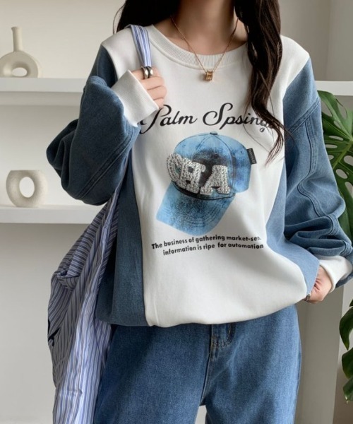 ABITOKYO(アビトーキョー)の「袖デニム切替スウェットプルオーバー(スウェット・レディース・ホワイト/ブラック/グレー・FREE)」の1枚目の写真