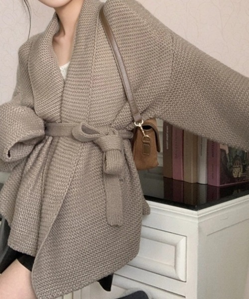 cammie（キャミー）の「ベルト付きざっくり編みカーディガン（カーディガン/ボレロ・レディース・ブラック/ホワイト/ベージュ・F）」の14枚目の写真