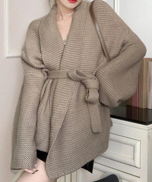cammie（キャミー）の「ベルト付きざっくり編みカーディガン（カーディガン/ボレロ・レディース・ブラック/ホワイト/ベージュ・F）」の13枚目の写真