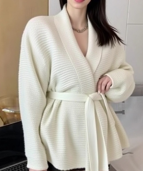 cammie（キャミー）の「ベルト付きざっくり編みカーディガン（カーディガン/ボレロ・レディース・ブラック/ホワイト/ベージュ・F）」の4枚目の写真