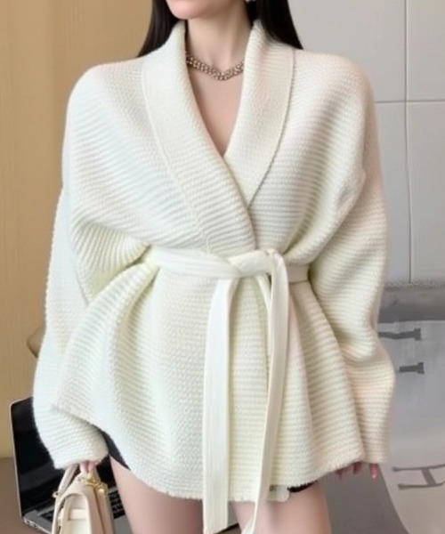 cammie（キャミー）の「ベルト付きざっくり編みカーディガン（カーディガン/ボレロ・レディース・ブラック/ホワイト/ベージュ・F）」の6枚目の写真