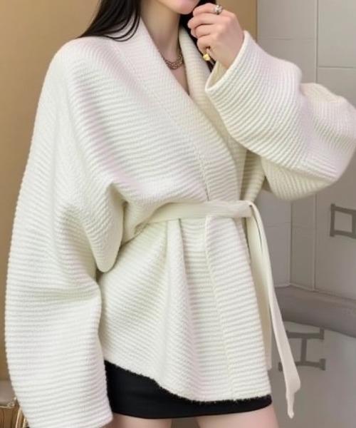 cammie（キャミー）の「ベルト付きざっくり編みカーディガン（カーディガン/ボレロ・レディース・ブラック/ホワイト/ベージュ・F）」の7枚目の写真