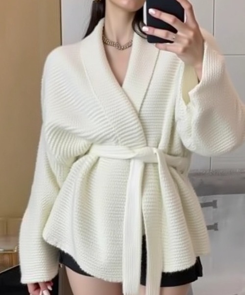 cammie（キャミー）の「ベルト付きざっくり編みカーディガン（カーディガン/ボレロ・レディース・ブラック/ホワイト/ベージュ・F）」の5枚目の写真