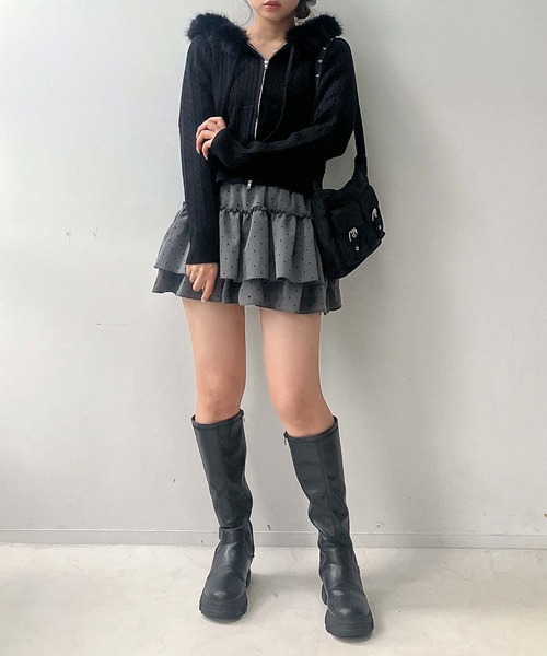 AS KNOW AS plus(アズノゥアズプラス)の「♪エコファーフード ポケット付き ケーブル編み Wジップファスナーカーディガン(カーディガン/ボレロ・レディース・アイボリー/ブラック/シルバー・FREE)」の9枚目の写真