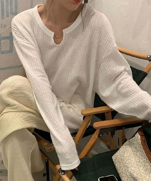 MAISON DE THERESE(メゾン ド テレーズ)の「ビッグサイズ ワッフル長袖Tシャツ ロン T(Tシャツ/カットソー・レディース・ブラック/ホワイト・L)」の2枚目の写真