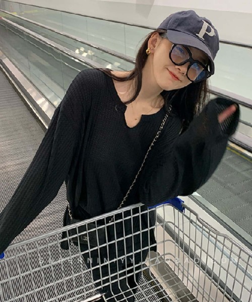 MAISON DE THERESE(メゾン ド テレーズ)の「ビッグサイズ ワッフル長袖Tシャツ ロン T(Tシャツ/カットソー・レディース・ブラック/ホワイト・L)」の1枚目の写真
