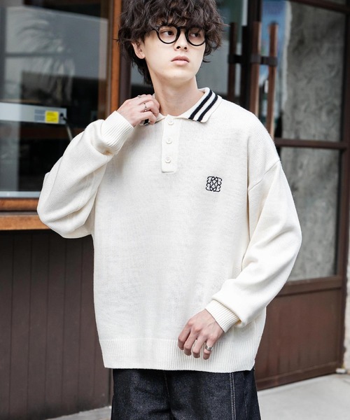 Rocky Monroe(ロッキーモンロー)の「オーバーサイズ ワンポイント刺繍リブラインニットポロシャツ(ポロシャツ・メンズ・オフホワイト/ホワイト系/ブラック系/グレー系/ネイビー系/チャコール/ネイビー/ブラック・L/XL/M)」の3枚目の写真