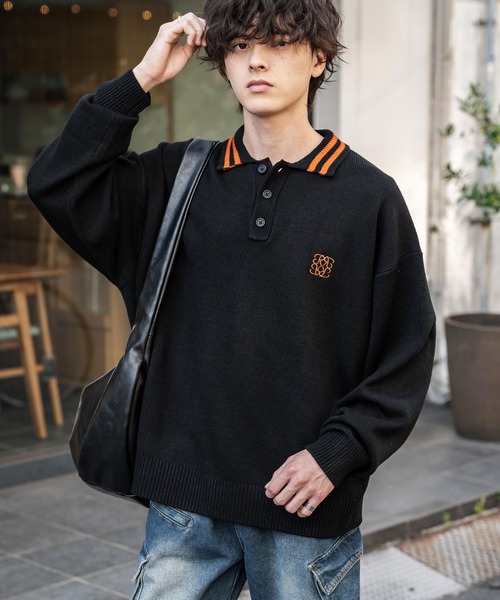 Rocky Monroe(ロッキーモンロー)の「オーバーサイズ ワンポイント刺繍リブラインニットポロシャツ(ポロシャツ・メンズ・オフホワイト/ホワイト系/ブラック系/グレー系/ネイビー系/チャコール/ネイビー/ブラック・L/XL/M)」の4枚目の写真