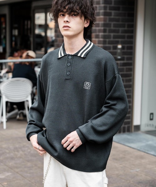 Rocky Monroe(ロッキーモンロー)の「オーバーサイズ ワンポイント刺繍リブラインニットポロシャツ(ポロシャツ・メンズ・オフホワイト/ホワイト系/ブラック系/グレー系/ネイビー系/チャコール/ネイビー/ブラック・L/XL/M)」の6枚目の写真
