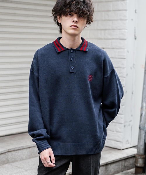 Rocky Monroe(ロッキーモンロー)の「オーバーサイズ ワンポイント刺繍リブラインニットポロシャツ(ポロシャツ・メンズ・オフホワイト/ホワイト系/ブラック系/グレー系/ネイビー系/チャコール/ネイビー/ブラック・L/XL/M)」の8枚目の写真