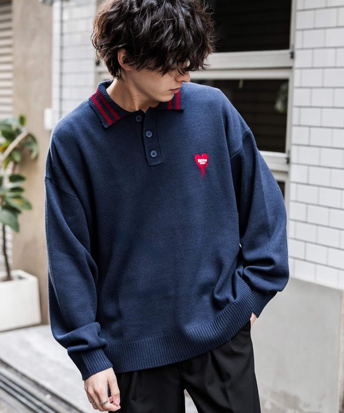 Rocky Monroe(ロッキーモンロー)の「オーバーサイズ ワンポイント刺繍リブラインニットポロシャツ(ポロシャツ・メンズ・オフホワイト/ホワイト系/ブラック系/グレー系/ネイビー系/チャコール/ネイビー/ブラック・L/XL/M)」の7枚目の写真