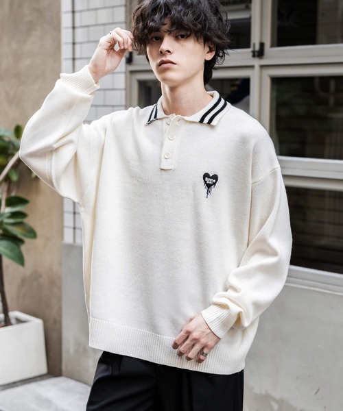 Rocky Monroe(ロッキーモンロー)の「オーバーサイズ ワンポイント刺繍リブラインニットポロシャツ(ポロシャツ・メンズ・オフホワイト/ホワイト系/ブラック系/グレー系/ネイビー系/チャコール/ネイビー/ブラック・L/XL/M)」の2枚目の写真