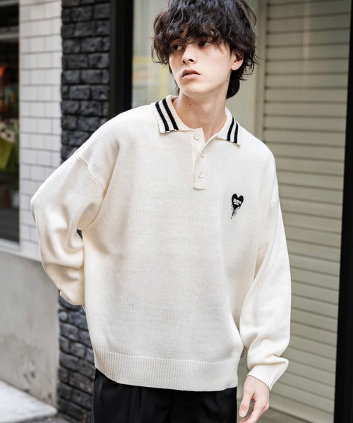 Rocky Monroe(ロッキーモンロー)の「オーバーサイズ ワンポイント刺繍リブラインニットポロシャツ(ポロシャツ・メンズ・オフホワイト/ホワイト系/ブラック系/グレー系/ネイビー系/チャコール/ネイビー/ブラック・L/XL/M)」の9枚目の写真