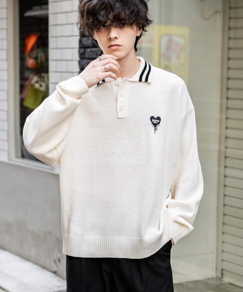 Rocky Monroe(ロッキーモンロー)の「オーバーサイズ ワンポイント刺繍リブラインニットポロシャツ(ポロシャツ・メンズ・オフホワイト/ホワイト系/ブラック系/グレー系/ネイビー系/チャコール/ネイビー/ブラック・L/XL/M)」の10枚目の写真