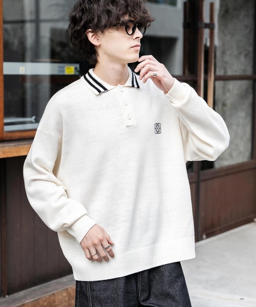 Rocky Monroe(ロッキーモンロー)の「オーバーサイズ ワンポイント刺繍リブラインニットポロシャツ(ポロシャツ・メンズ・オフホワイト/ホワイト系/ブラック系/グレー系/ネイビー系/チャコール/ネイビー/ブラック・L/XL/M)」の13枚目の写真
