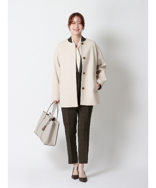 SUIT SQUARE(スーツスクエア)の「CHANTOWA ノーカラーコート ウールライクジャージー メルトン 無地(ノーカラーコート・レディース・モカ/アイボリー/ブラック・36(7号)/38(9号)/40(11号))」の4枚目の写真