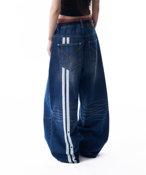 2-Lined Eyelet Washed Denim Pants (Blue)（デニムパンツ）｜AAKAM
