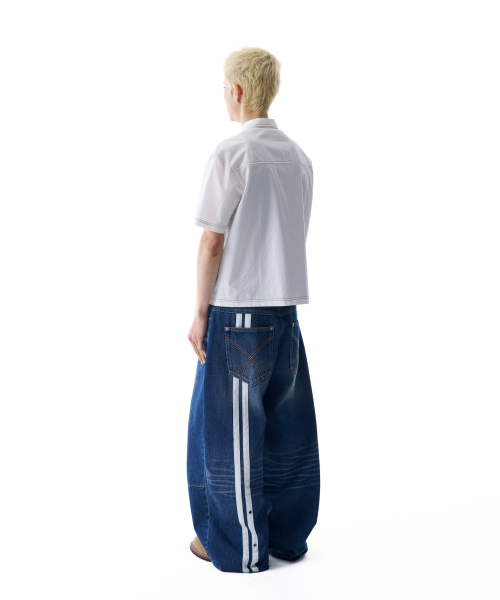 セール】2-Lined Eyelet Washed Denim Pants (Blue)（デニムパンツ