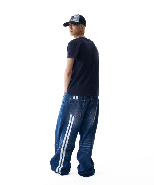 セール】2-Lined Eyelet Washed Denim Pants (Blue)（デニムパンツ