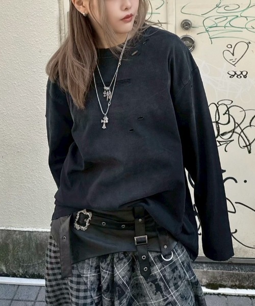 Never mind the XU（ネバーマインドザエックスユー）の「【Never mind the XU】damage washed long sleeve / 【ネバーマインド ザ エックスユー】ダメージウォッシュ長袖Tシャツ  <着用動画あり>（Tシャツ/カットソー・メンズ・ホワイト/ピンク/ブラック・L/XL）」の6枚目の写真
