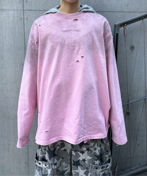 Never mind the XU（ネバーマインドザエックスユー）の「【Never mind the XU】damage washed long sleeve / 【ネバーマインド ザ エックスユー】ダメージウォッシュ長袖Tシャツ  <着用動画あり>（Tシャツ/カットソー・メンズ・ホワイト/ピンク/ブラック・L/XL）」の17枚目の写真