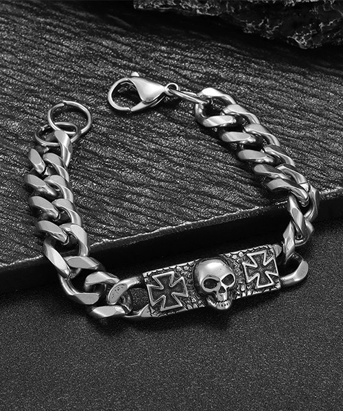 アイアンクロス＆スカルシルバーブレスレット/メンズ(SK